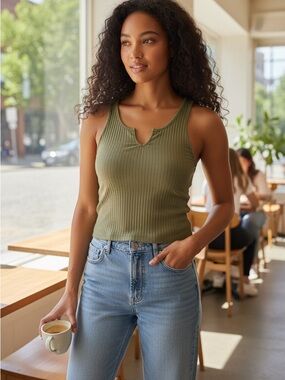 American Eagle Outfitters Olive Ribbed Notch Tank
